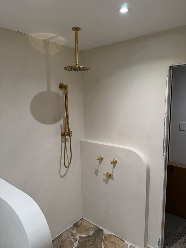 Brushed brass ceiling rose, hand shower and mixers beside a curved rendered wall